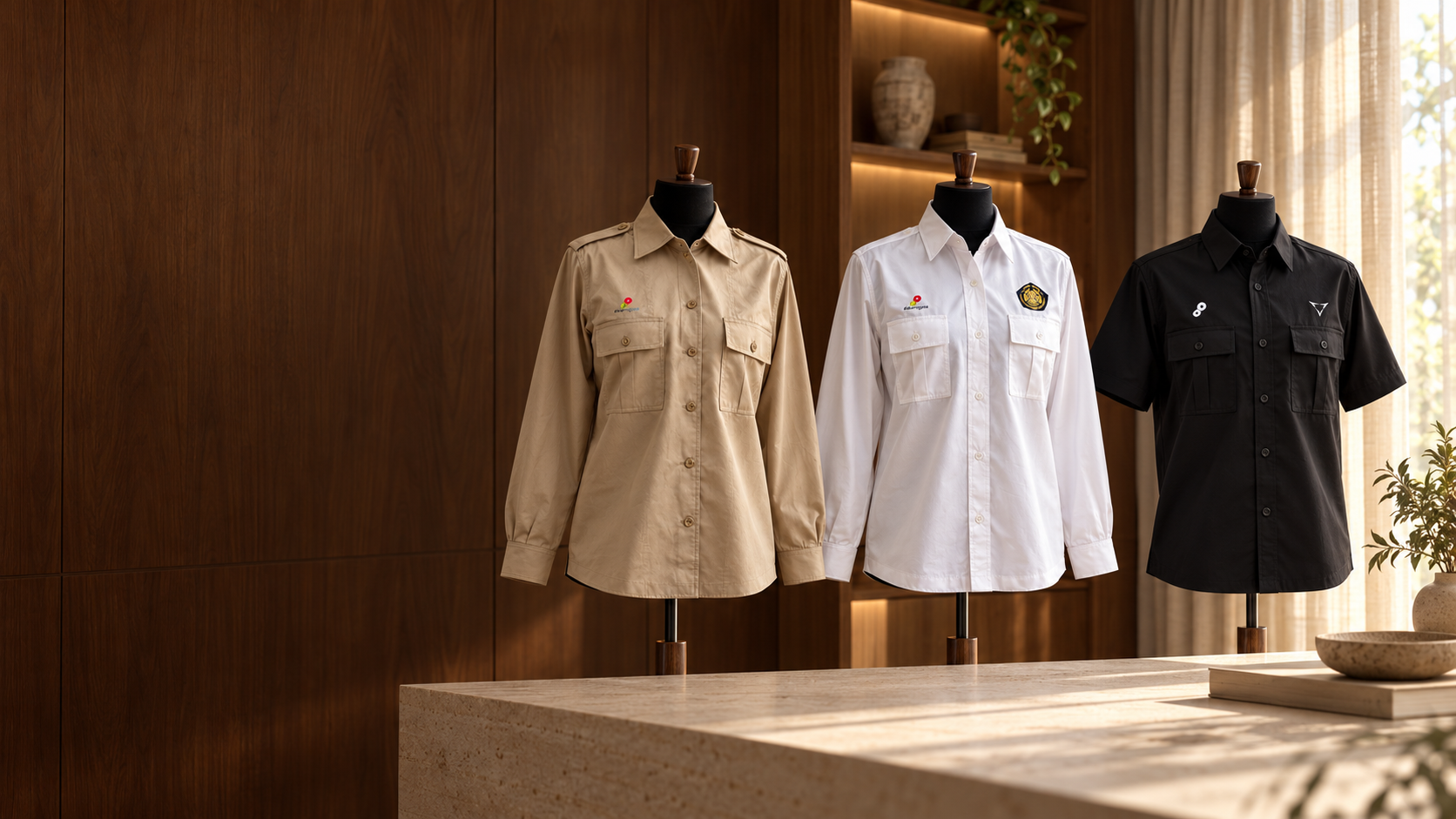 Visualisasi koleksi seragam khaki, putih, dan hitam dalam suasana studio